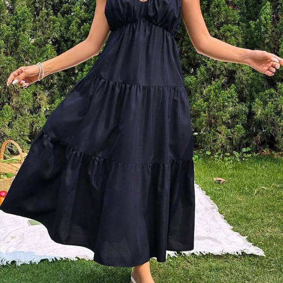 Navy Blue Casual Women's Loose Spaghetti Strap Flutter Sleeve Midi Dress - Picture 4 of 7